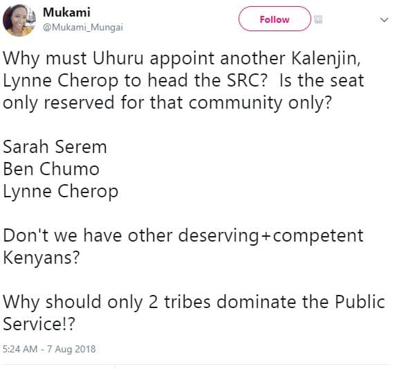 Mukami mukami_mungai follow why must uhuru appoint another kalenjin lynne cherop