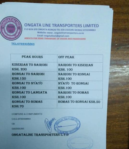 Ongata line transporters limited p,odox 670 ongata rongai tel 020 mobile wehuto