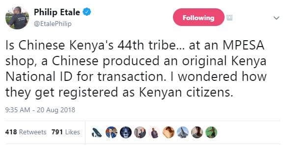 Philip etale etalephilip following is chinese kenya's 44th tribe. at an mpesa sh