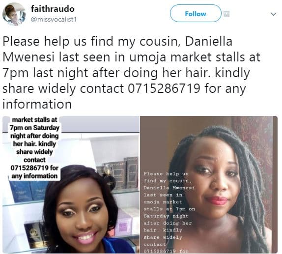 Faithraudo missvocalist1 follow please help us find my cousin daniella mwenesi l