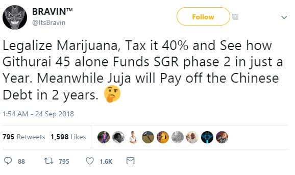 Bravint itsbravin follow legalize marijuana, tax it 40 and see how githurai 45 a