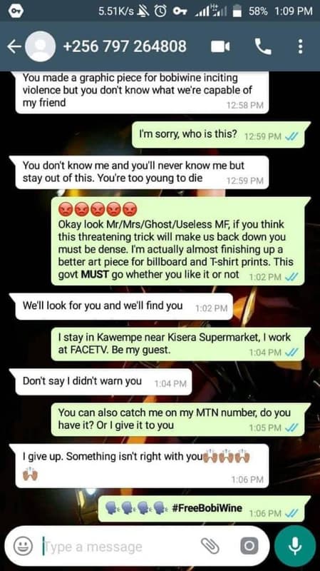 5.51ks a 58 1.09 pm 256 797 you made a graphic piece for bobiwine inciting viole