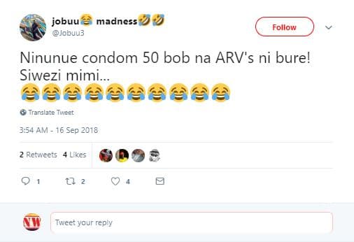 Jobuu madness jobuu3 follow ninunue condom 50 bob na arv's ni bure! siwezi mimi.