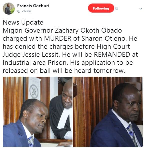 Francis gachuri fchurii following news update migori governor zachary okoth obad