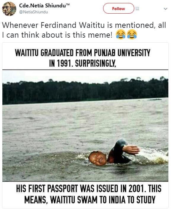 Cde netía shiundu netiashiundu follow whenever ferdinand waititu is mentioned, a