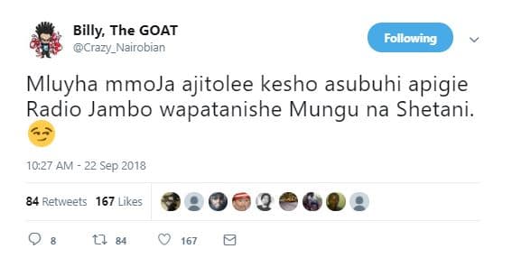 Billy the goat crazy_nairobian following mluyha mmoja ajitolee kesho asubuhi api