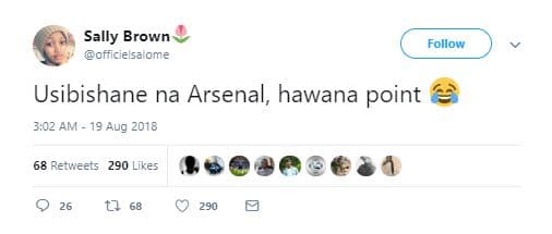 Sally brown officie saome follow usibishane na arsenal, hawana point 3,02 am 19