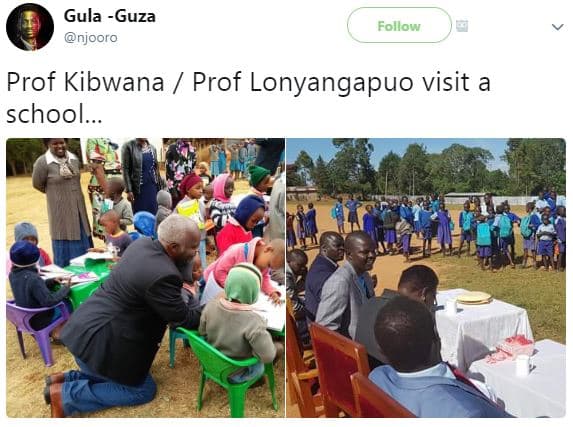 Gula guza njooro follow prof kibwana prof lonyangapuo visit a school.