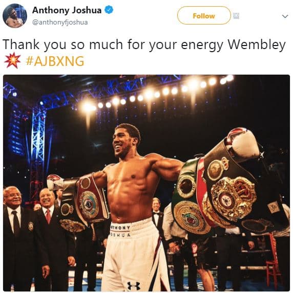 Anthony joshua anthonyfjoshua follow thank you so much for your energy wembley a
