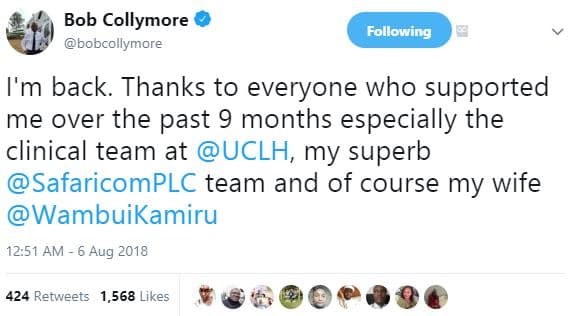 Bob collymore bobcollymore following i'm back. thanks to everyone who supported