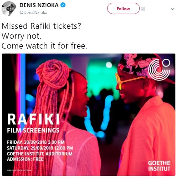Denis nzioka denisnzioka follow missed rafiki tickets? worry not. come watch it