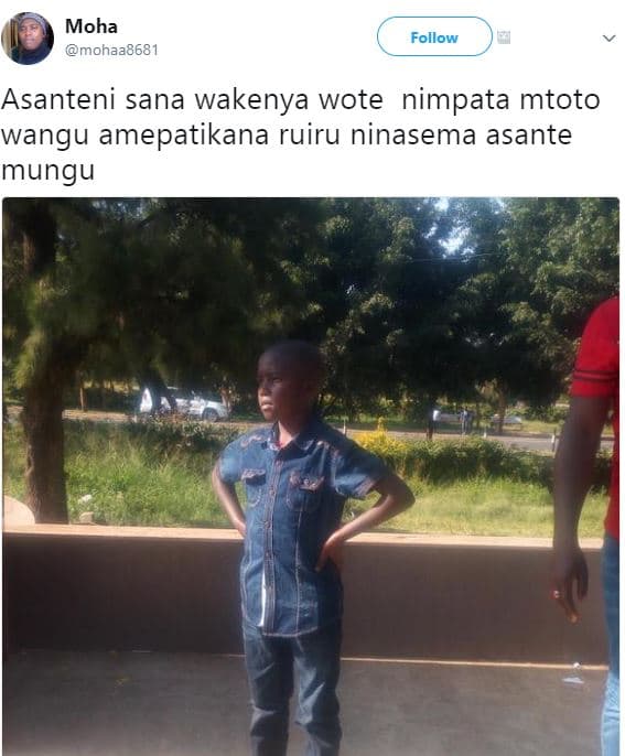 Moha mohaa8681 follow asanteni sana wakenya wote nimpata mtoto wangu amepatikana