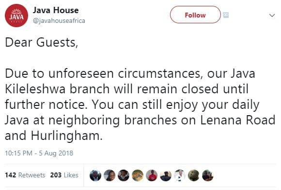 Java house java javanouseatrica follow dear guests, due to unforeseen circumstan