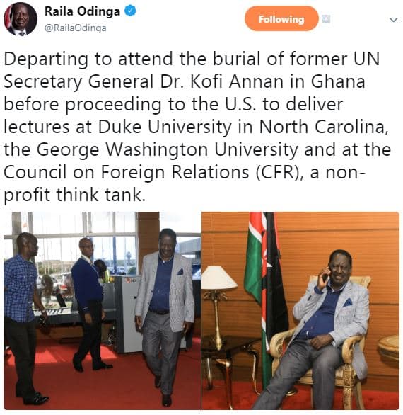 Raila odinga railaodinga following departing to attend the burial of former un s