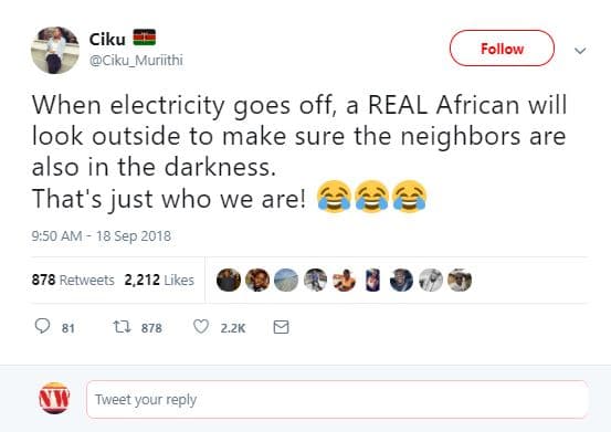 Ciku ciku_muriithi follow when electricity goes off, a real african will look ou