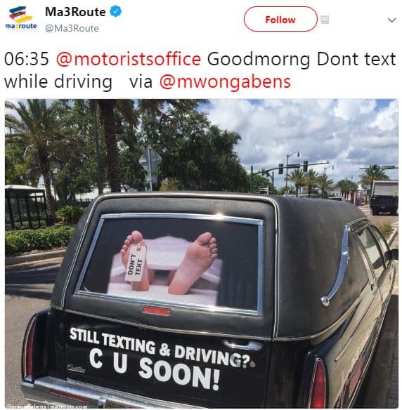 Ma3route touke ma3route follow 06.35 motoristsoffice goodmorng dont text while d