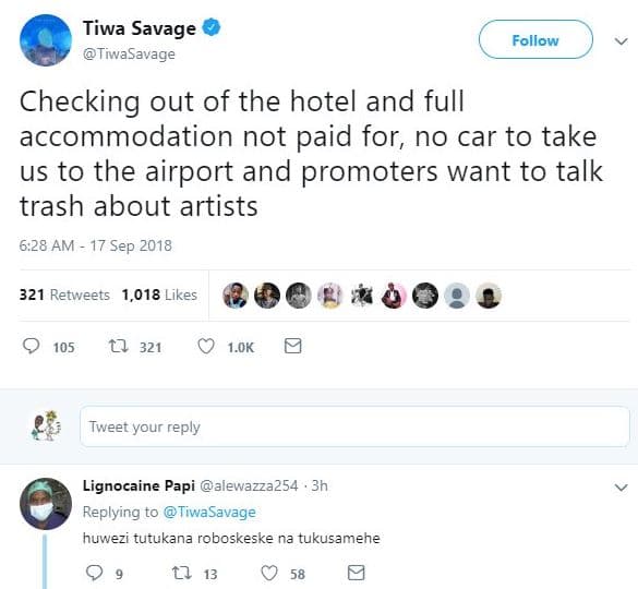 Tiwa savage tiwasavage follow checking out of the hotel and full accommodation n