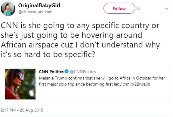 Originalbabygirl chinasa_anukam follow cnn is she going to any specific country