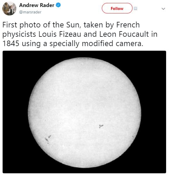 Andrew rader marsrader follow first photo of the sun, taken by french physicists