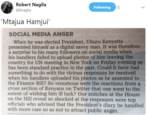 Robert nagila rnagila following mtajua hamjui' social media anger when he was el