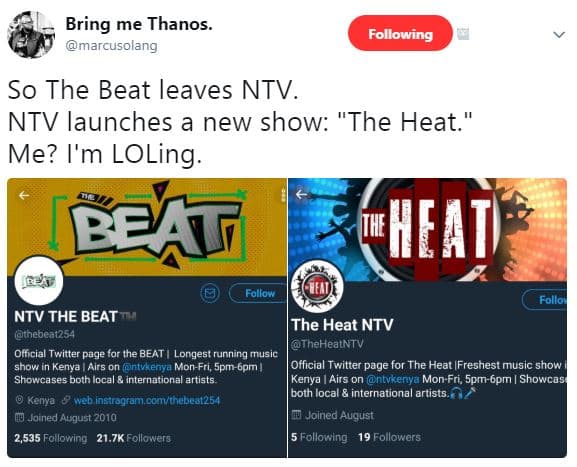 Bring me thanos. marcusolang following so the beat leaves ntv. ntv launches a ne