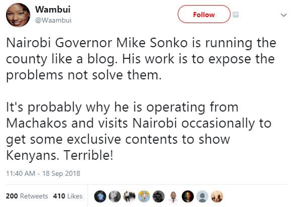 Wambui waambui follow nairobi governor mike sonko is running the county like a b