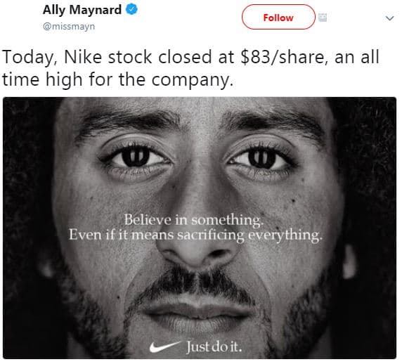 Ally maynard missmayn follow today, nike stock closed at 83share, an all time hi