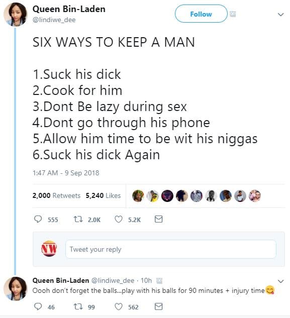 Queen binladen lindiwe_dee follow six ways to keep a man 1.suck his dick 2cook f