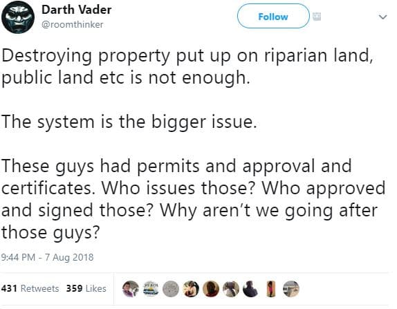 Darth vader roomthinker follow destroying property put up on riparian land, publ