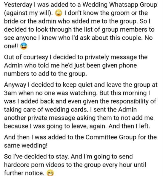 Yesterday was added to a wedding whatsapp group against my will . don't know the