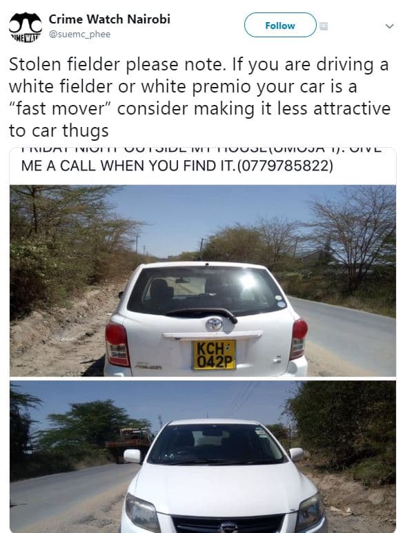 Crime watch nairobi 'emt suemc_phee follow stolen fielder please note. if you ar