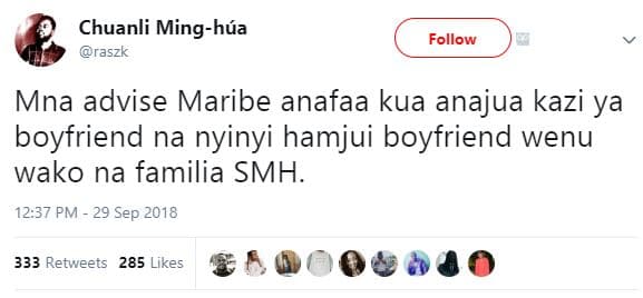 Chuanli mingháa raszk follow mna advise maribe anafaa kua anajua kazi ya boyfrie