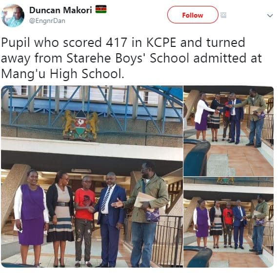 Duncan makori engnrdan follow pupil who scored 417 in kcpe and turned away from