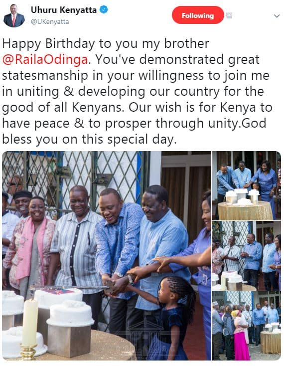 Uhuru kenyatta ukenyatta following happy birthday to you my brother railaodinga.