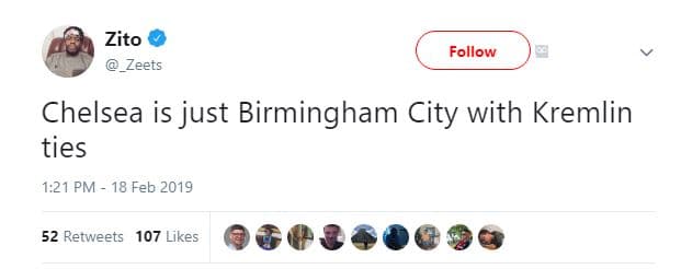 Zito _zeets follow chelsea is just birmingham city with kremlin ties 1.21 pm 18