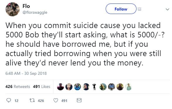 Flo florswaggle follow when you commit suicide cause you lacked bob they' 'il st