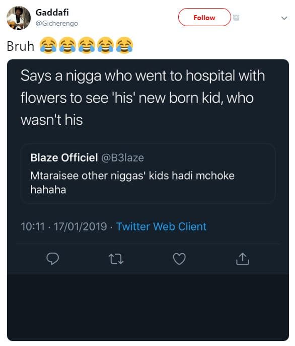 Gaddafi gicherengo follow bruh says a nigga who went to hospital with flowers to