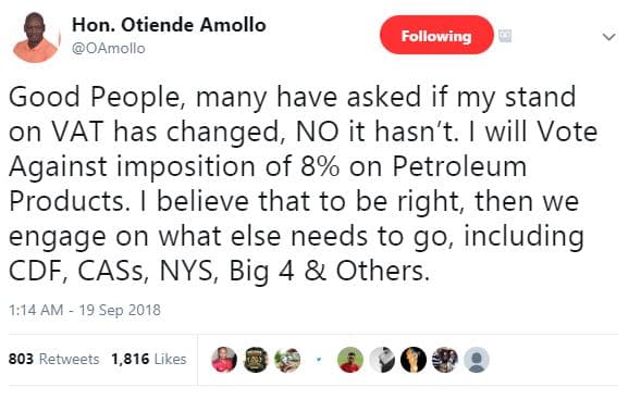 Hon. otiende amollo oamollo following good people many have asked if my stand on