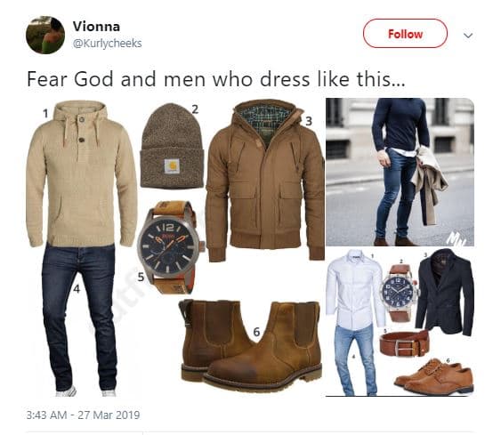 Vionna kurlycheeks follow fear god and men who dress like this. 3,43 am 27 mar