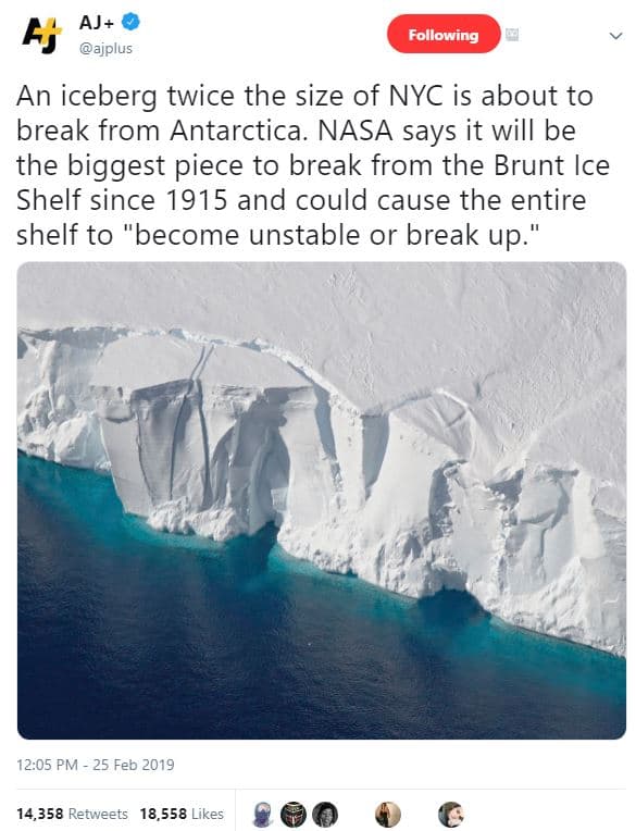 Aj f ajplus following an iceberg twice the size of nyc is about to break from an