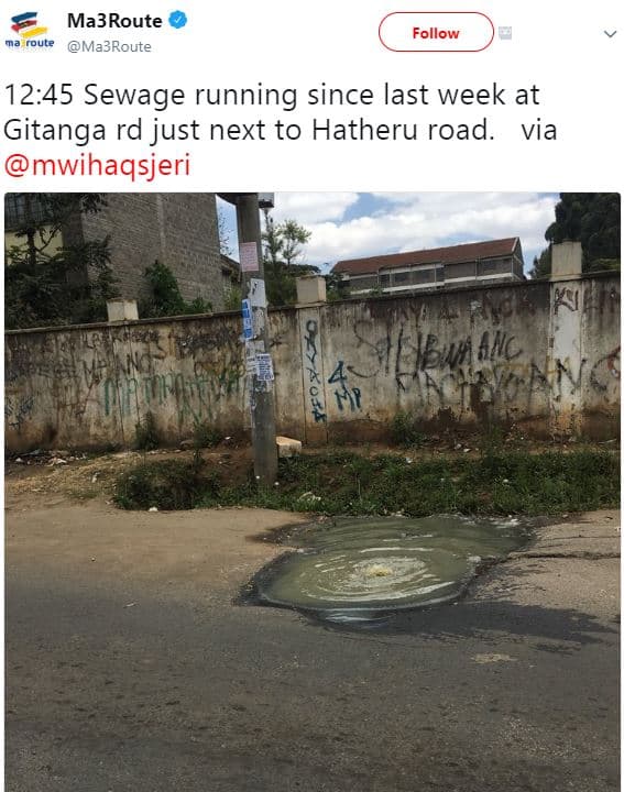Ma3route oute ma3route follow 1245 sewage running since last week at gitanga rd