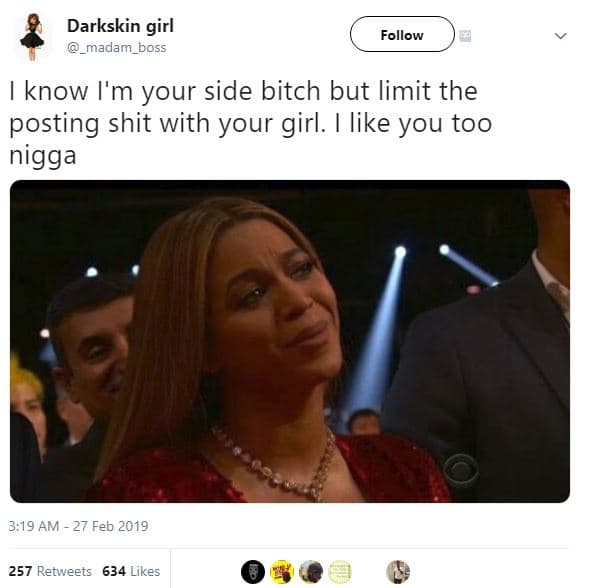 Darkskin girl madam_boss follow know i'm your side bitch but limit the posting s