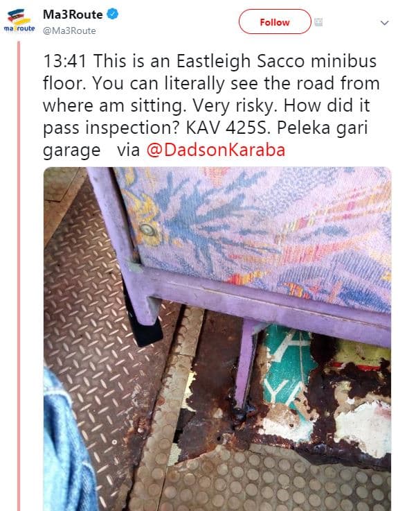 Ma3route ouge ma3route follow 13.41 this is an eastleigh sacco minibus floor. yo