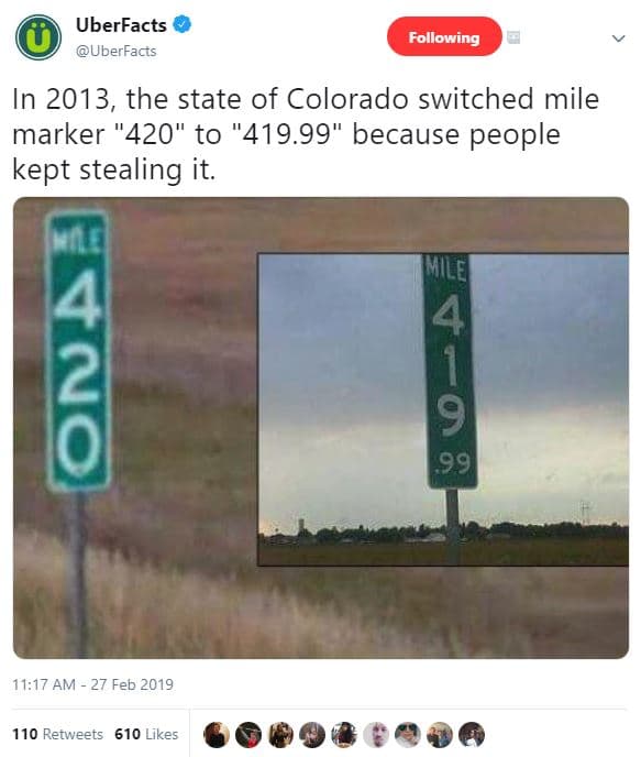 Uberfacts uberfacts following in , the state of colorado switched mile marker 42