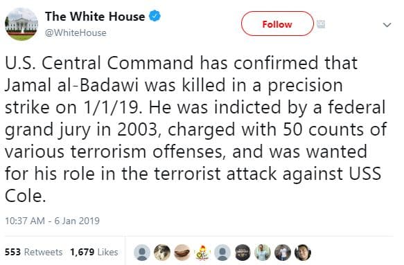 The white house whitehouse follow u.s. central command has confirmed that jamal