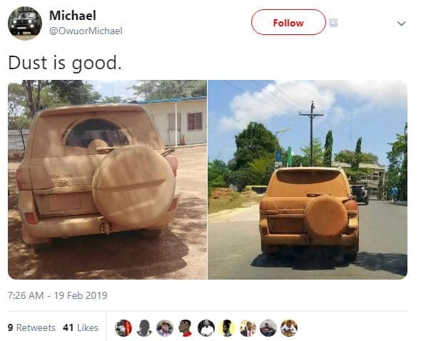 Michael owuormichael follow dust is good. 7,26 am 19 feb retweets 41 likes