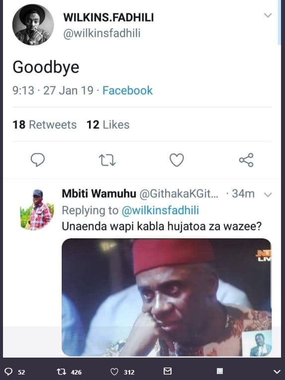 Wilkins. fadhili wilkinsfadhili goodbye 9.13 27 jan 19 facebook 18 retweets 12 l