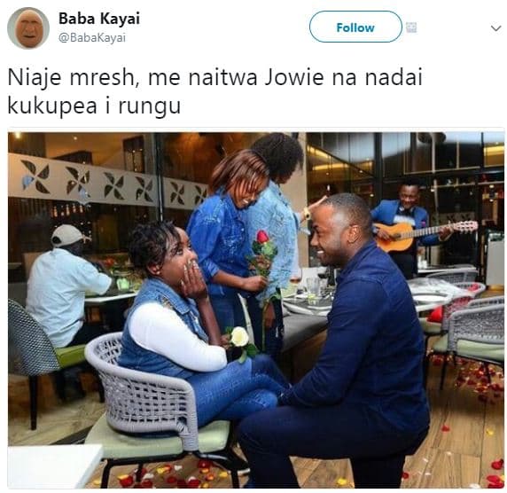 Baba kayai babakayai follow niaje mresh, me naitwa jowie na nadai kukupea rungu
