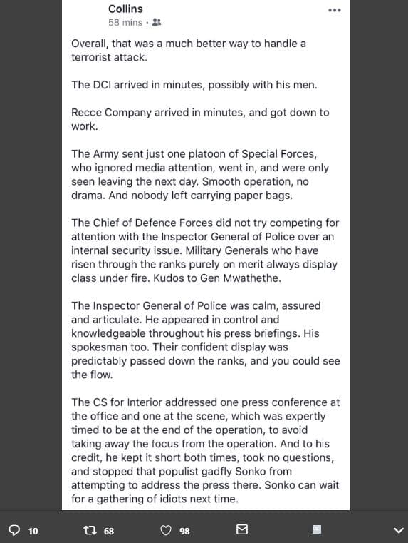 Collins 58 mins overall, that was much better way to handle a terrorist attack.