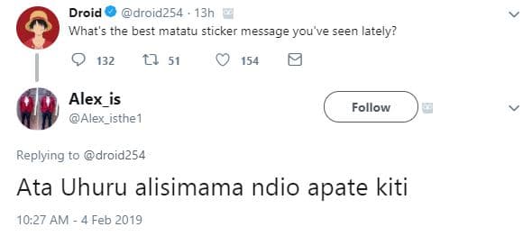 Droid droid254 13h what' the best matatu sticker message youve seen lately? 132